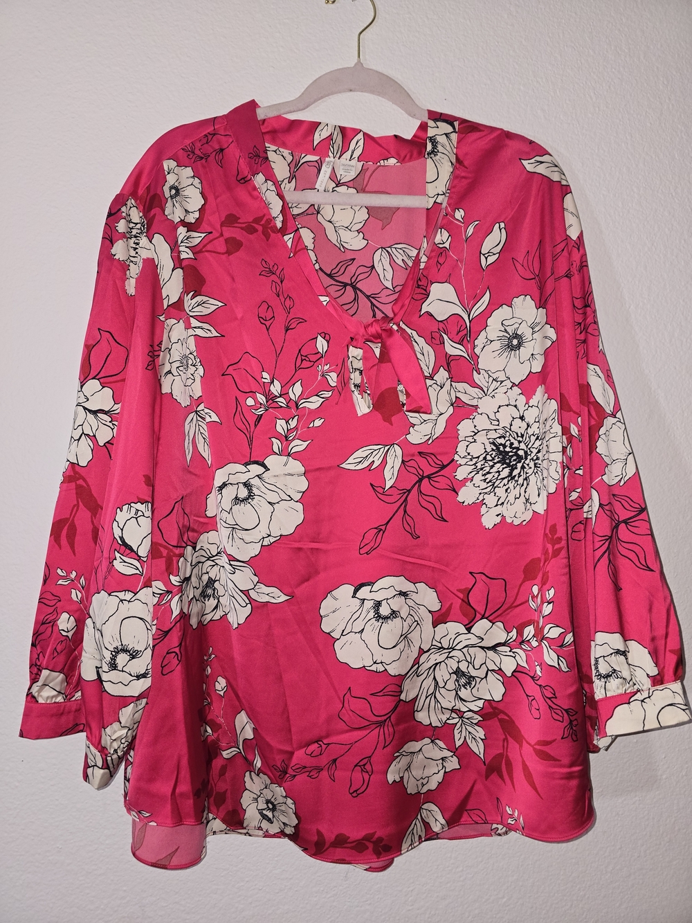 Cato Hot Pink Floral Tie-Neck Tunic